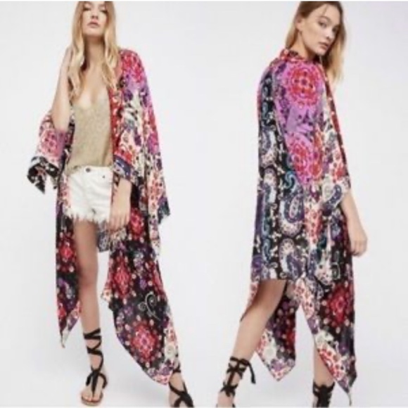 Free People Kimono Boho Festival Asymmetrical Floral Long Duster Hippie One Size - Picture 2 of 12